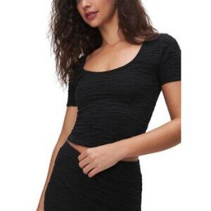 Good American Black Textured Scoop Neck Shirt Cropped Top NWT